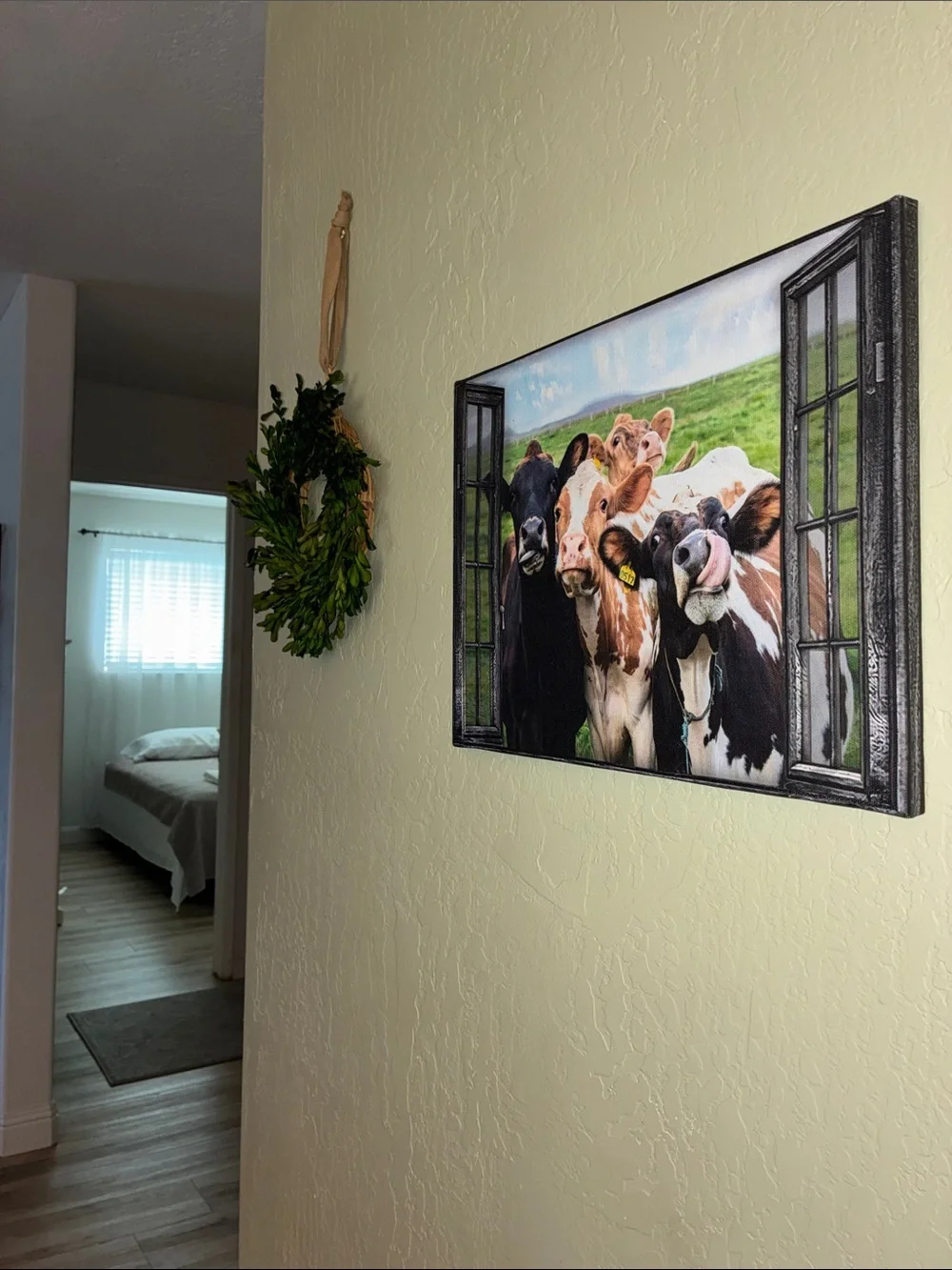 Cows (EUC) Source Unknown Canvas Wall Art - Green, Brown, Black & White Colors.